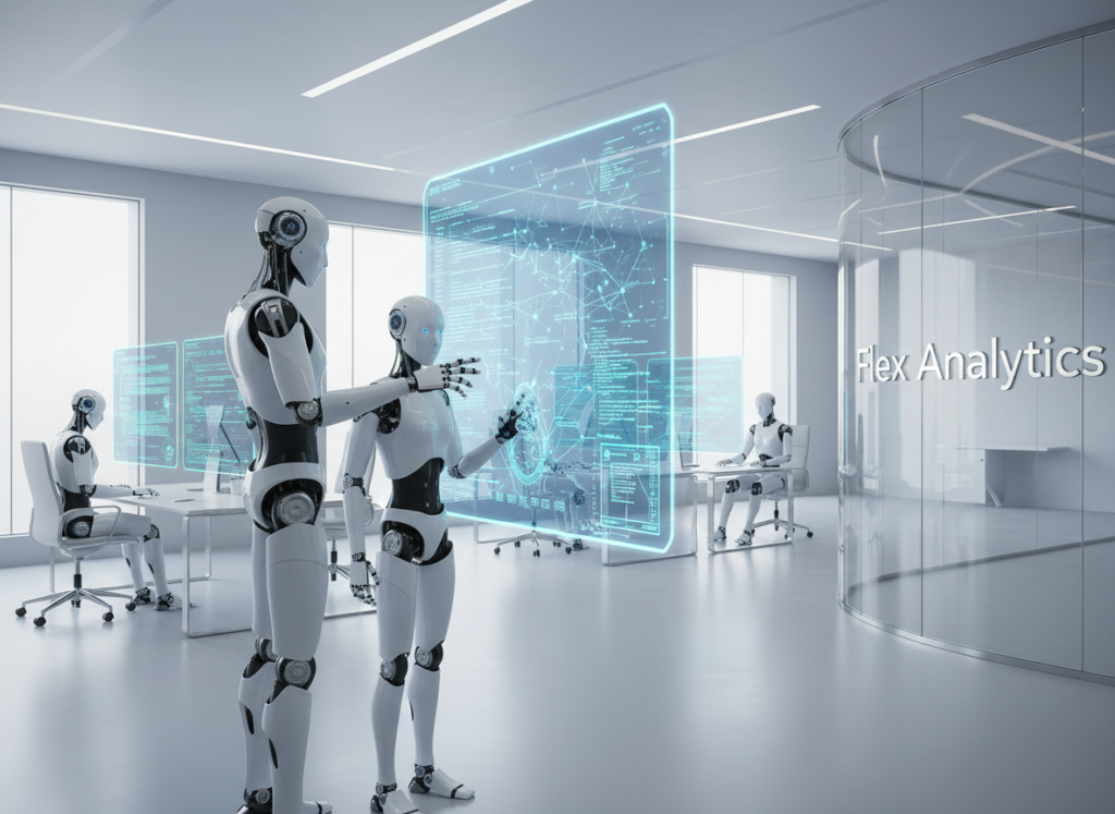 Firefly_Gemini Flash_create me the AI robots image for my company Flex Analytics which is into software de 900777